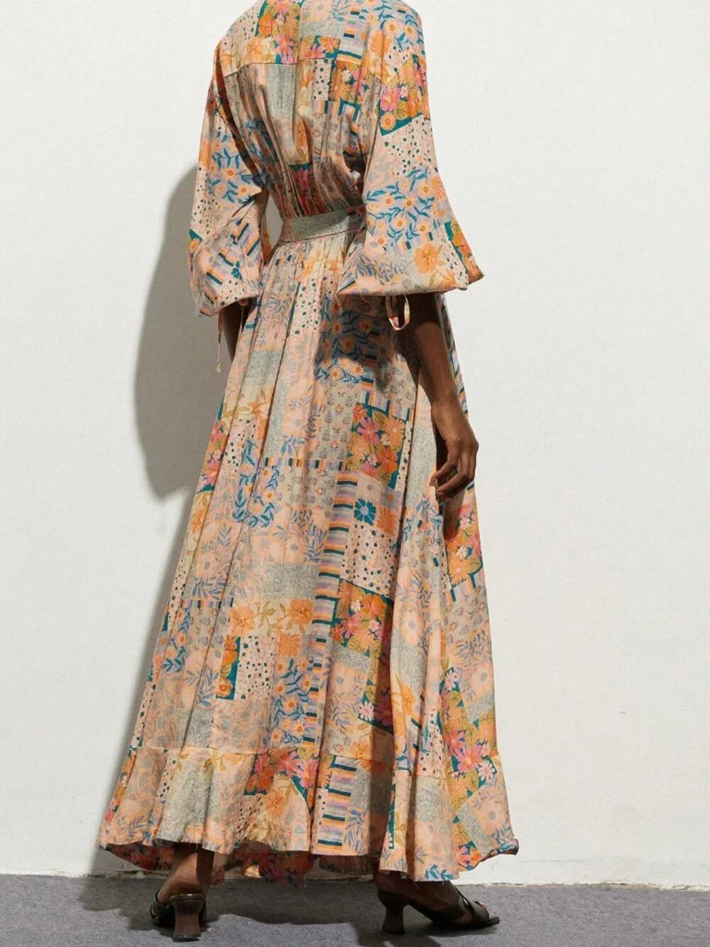 Multicolor Boho Women's Oil Painting Style Print Wrap Front Tie Waist Dress
